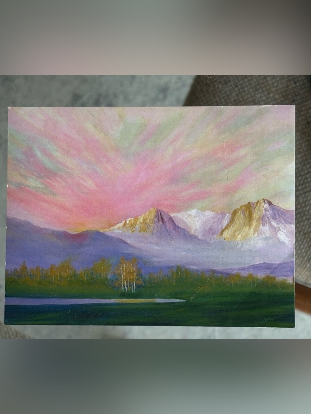Hand-Painted Mountain Landscape Wall Art - Pink and Green on magnet